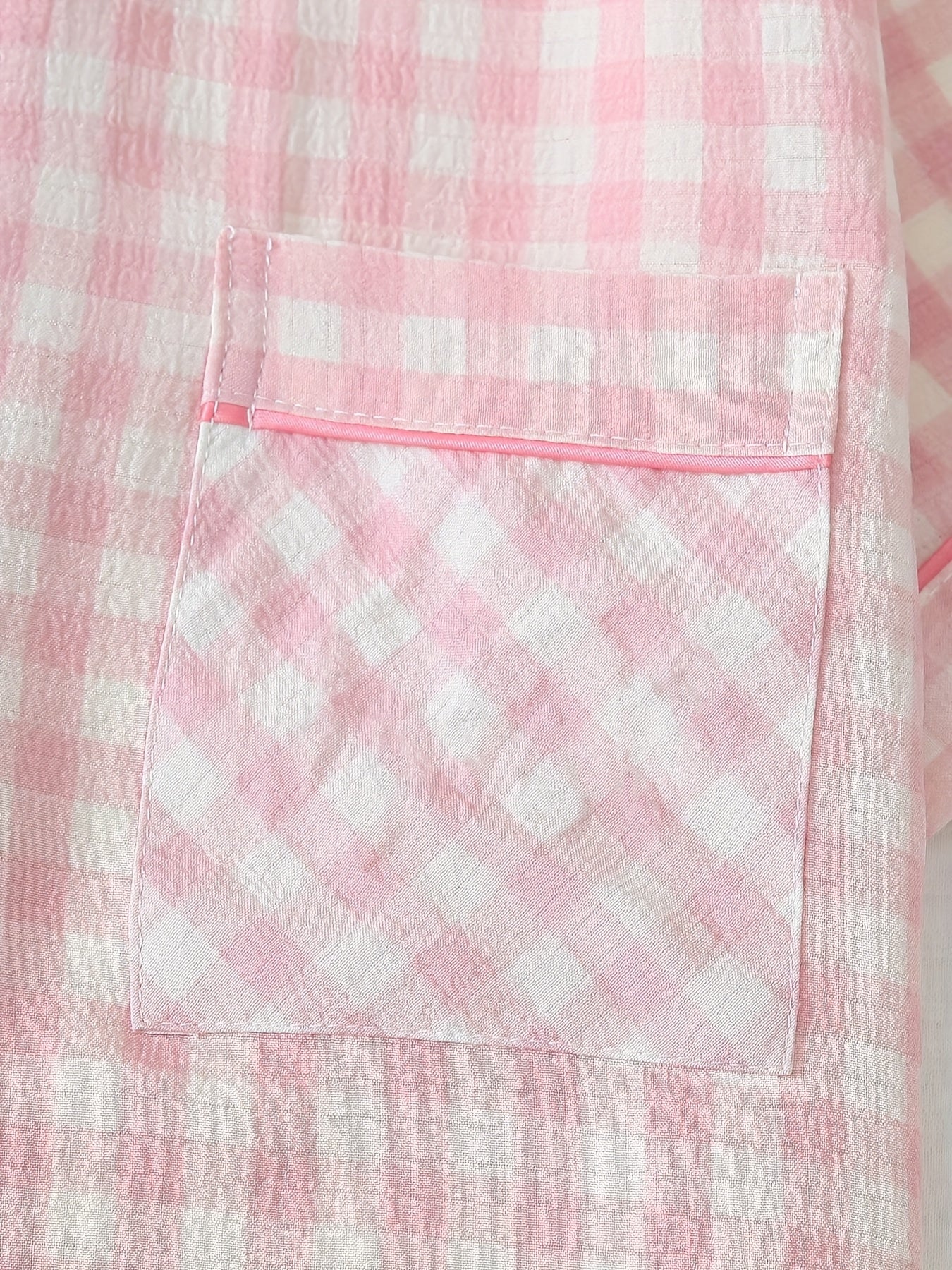 Checkered Print Pajama Set, Short-sleeved V-neck Button- Shirt And Stretch Trousers, Polyester Pajama Set, Machine Washable