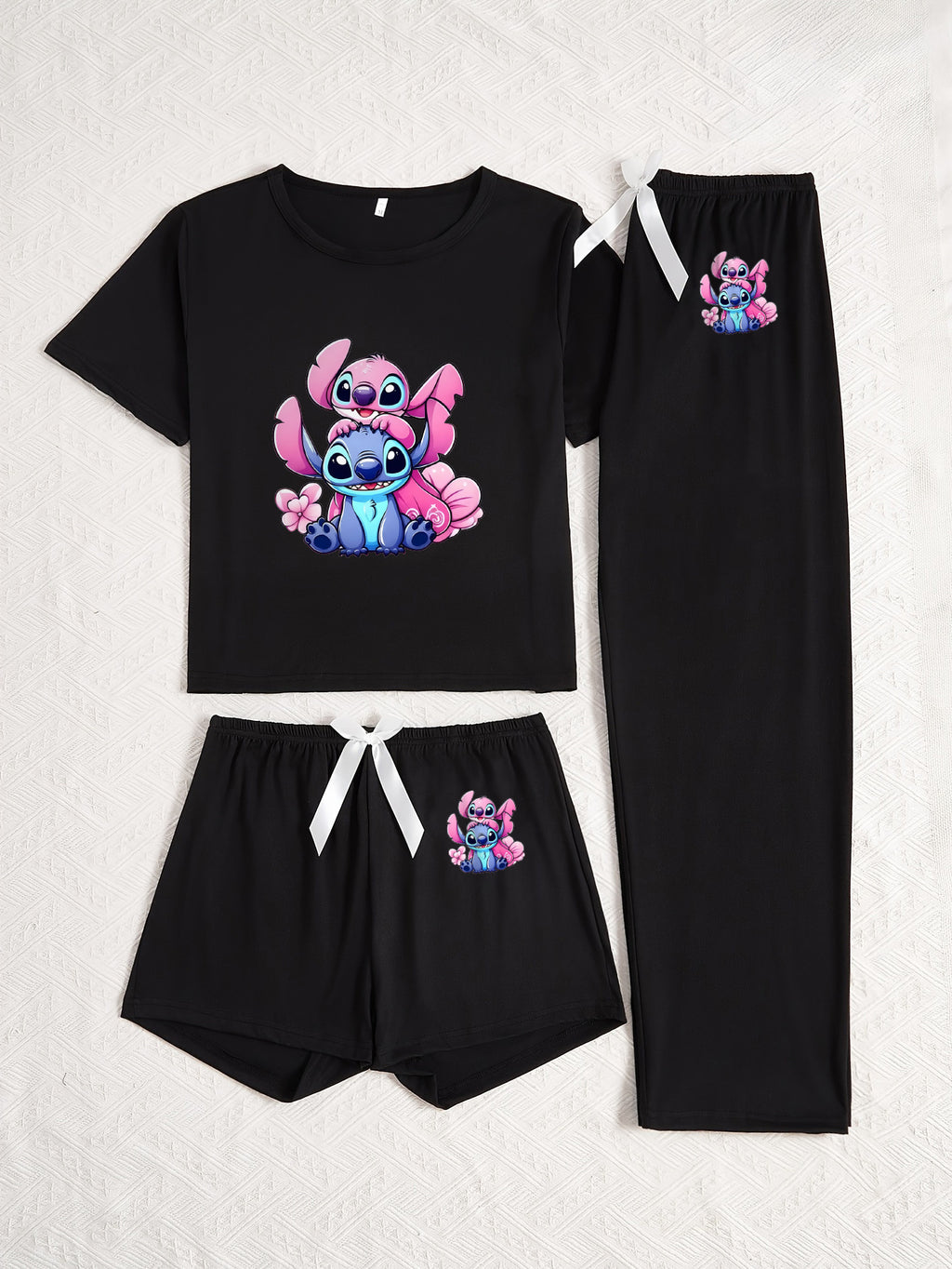 3pcs Stitch Cartoon Print Pajama Set - Black T-Shirt, Shorts & Pants with Pink & Blue Design, Soft & Comfortable, Perfect for All Seasons, Ideal Gift for Fans, Allseason Pajamas|Playful Design|Soft Fabric, Stitch Pajamas