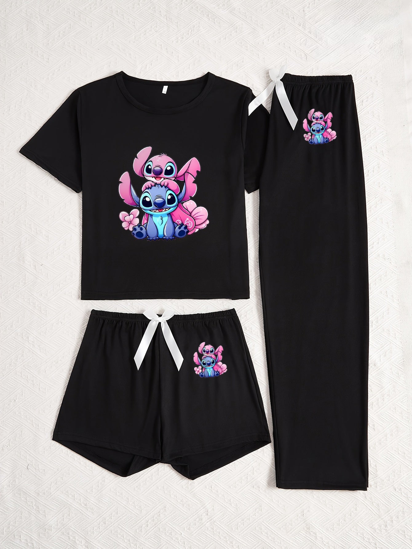 3pcs Stitch Cartoon Print Pajama Set - Black T-Shirt, Shorts & Pants with Pink & Blue Design, Soft & Comfortable, Perfect for All Seasons, Ideal Gift for Fans, Allseason Pajamas|Playful Design|Soft Fabric, Stitch Pajamas