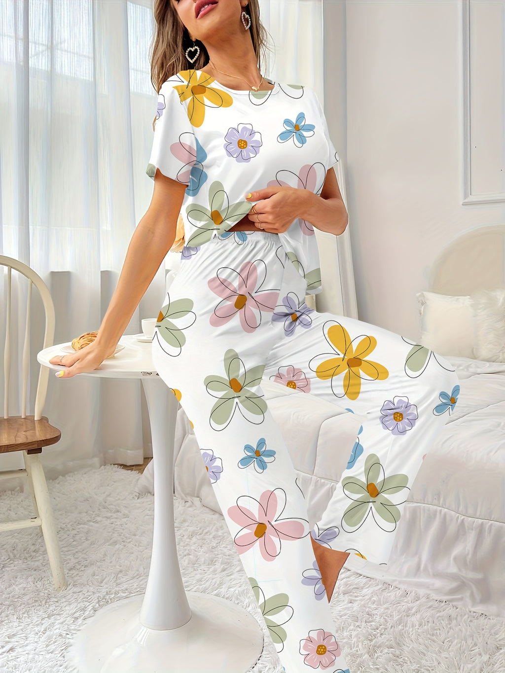 Women'S Floral Print Colorful Short Sleeve Pajama Set - Soft Polyester, Round Neck, Casual Sleepwear with Vibrant Flower Design, Perfect for Relaxing Nightwear, Relaxed Fit Pajamas | Floral Print Pajamas | Polyester Fabric