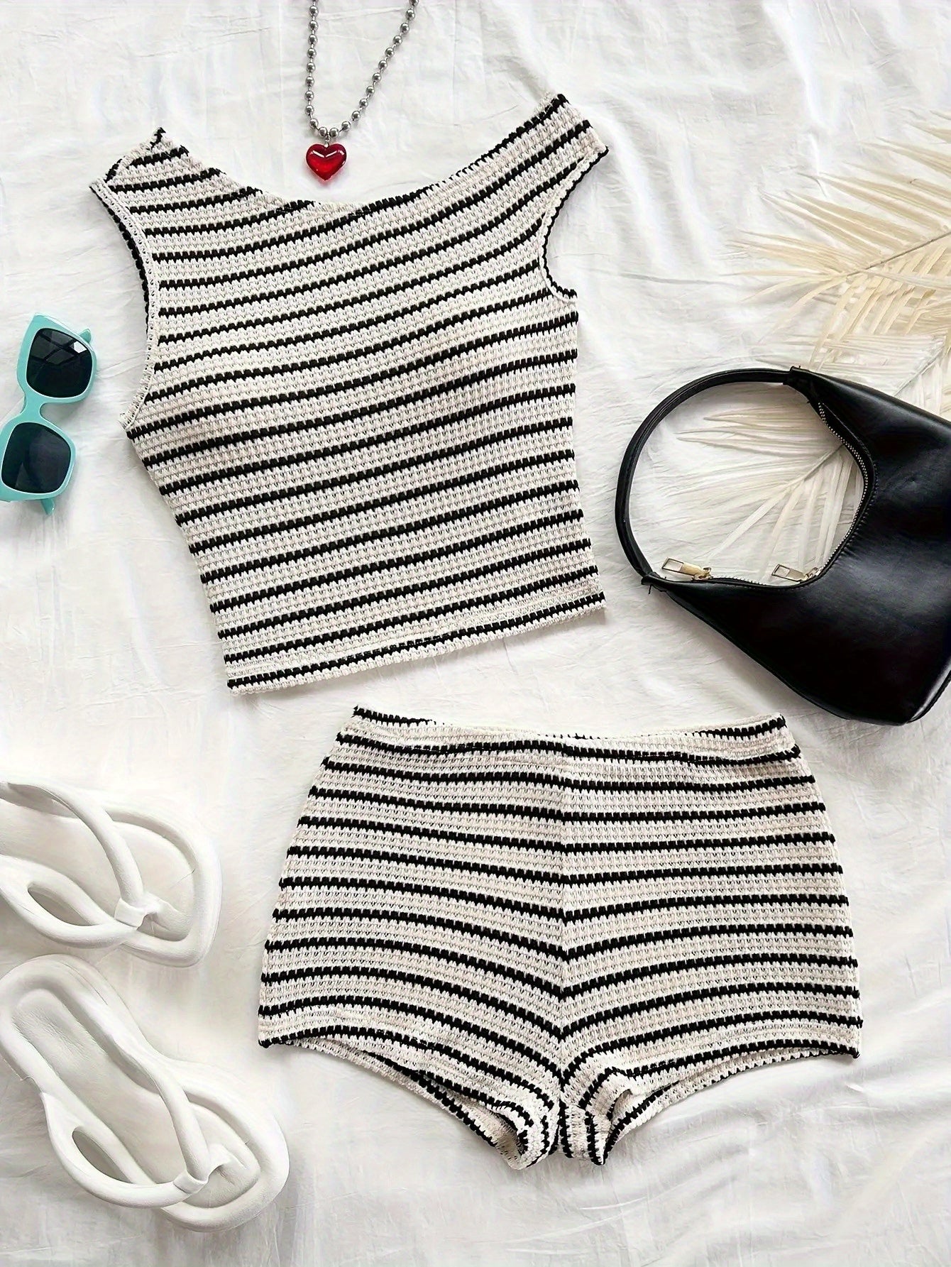 2pcs Set Women's Off-shoulder Vest Shorts Striped Pajama Set
