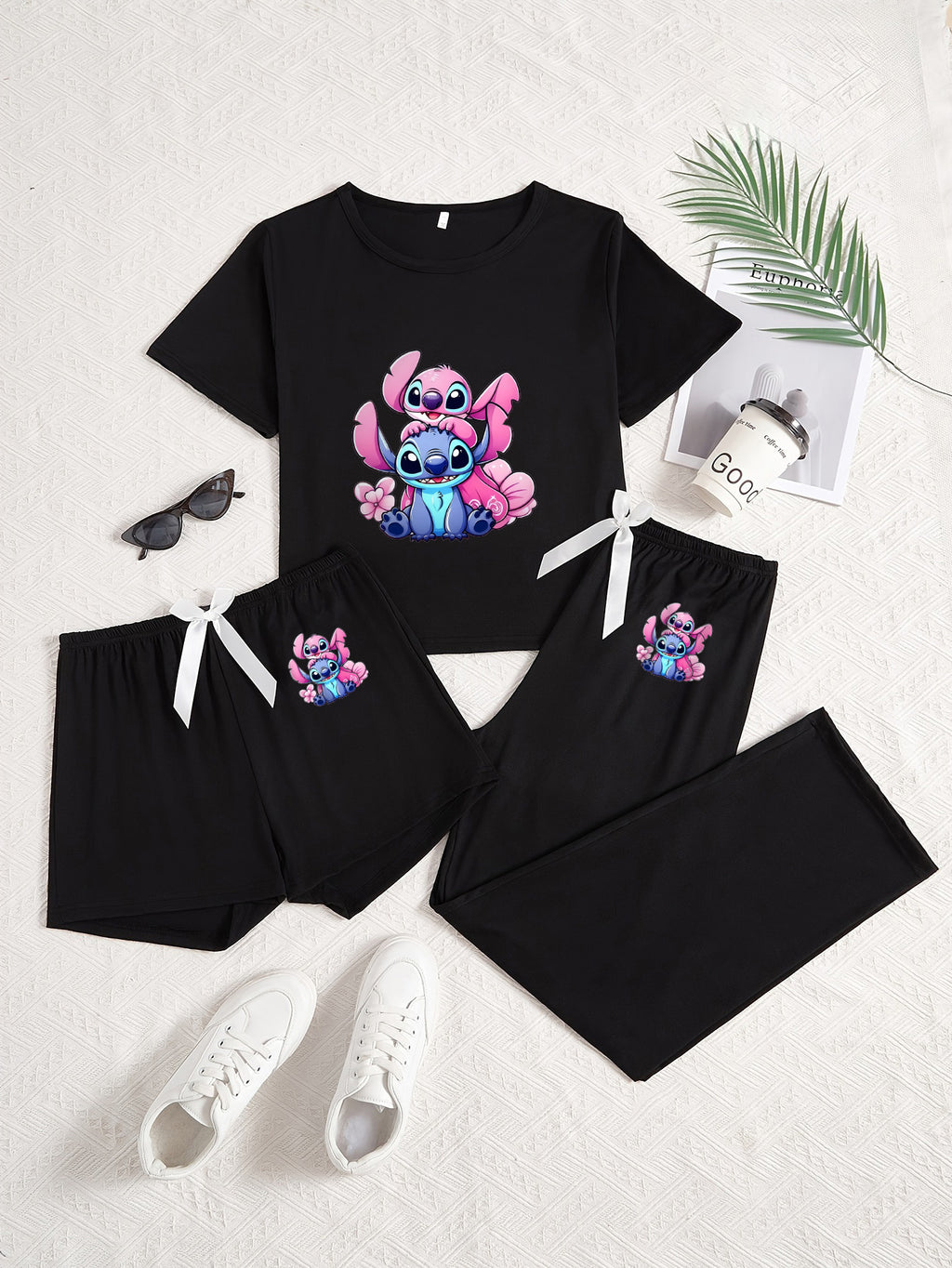3pcs Stitch Cartoon Print Pajama Set - Black T-Shirt, Shorts & Pants with Pink & Blue Design, Soft & Comfortable, Perfect for All Seasons, Ideal Gift for Fans, Allseason Pajamas|Playful Design|Soft Fabric, Stitch Pajamas