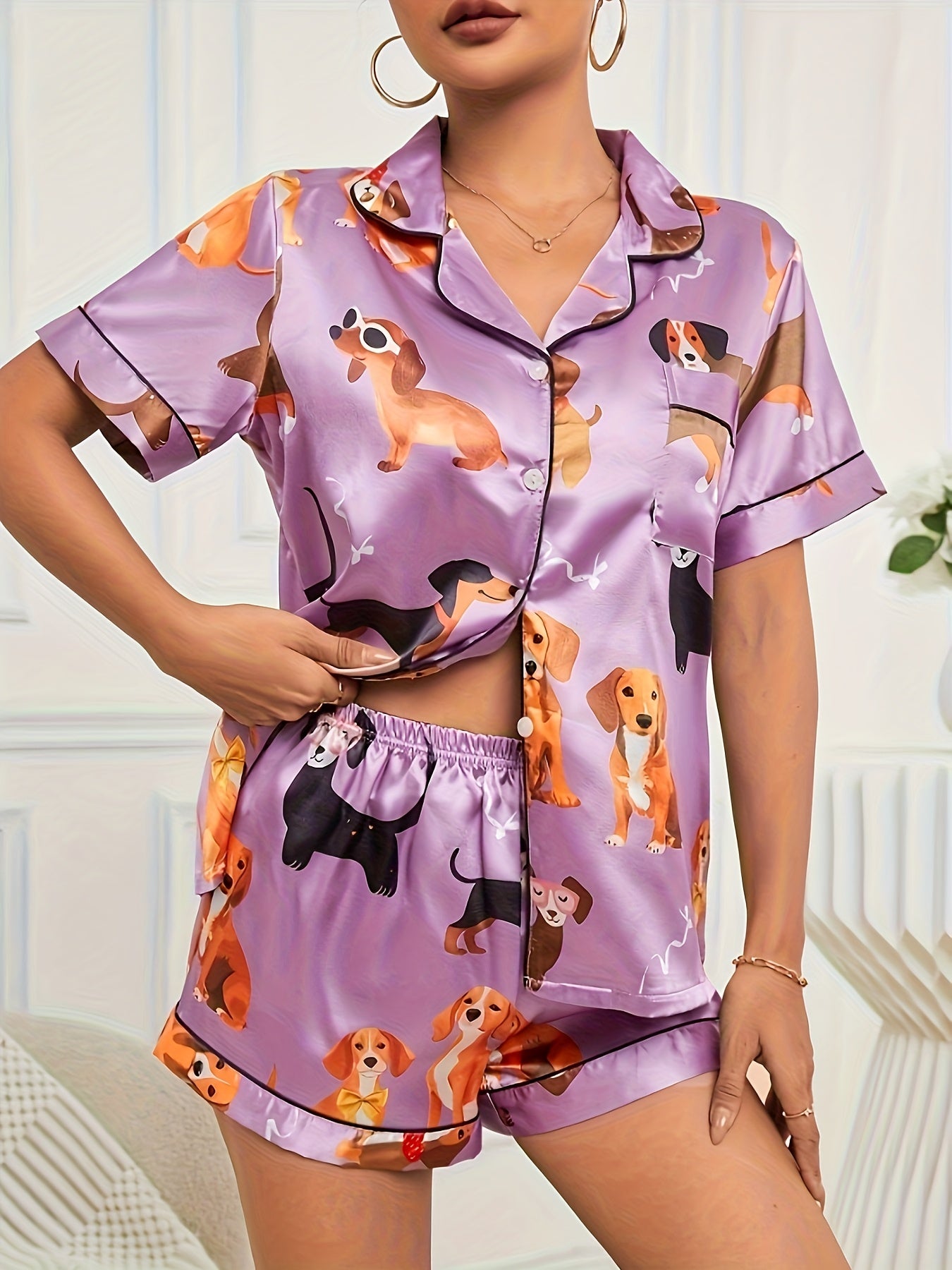 2pcss Satin Purple Cute Puppy Sleepwear Set, Women'S Short Sleeved Stand Up Collar Top And Shorts Sleepwear Home Wear, 2pcss Set