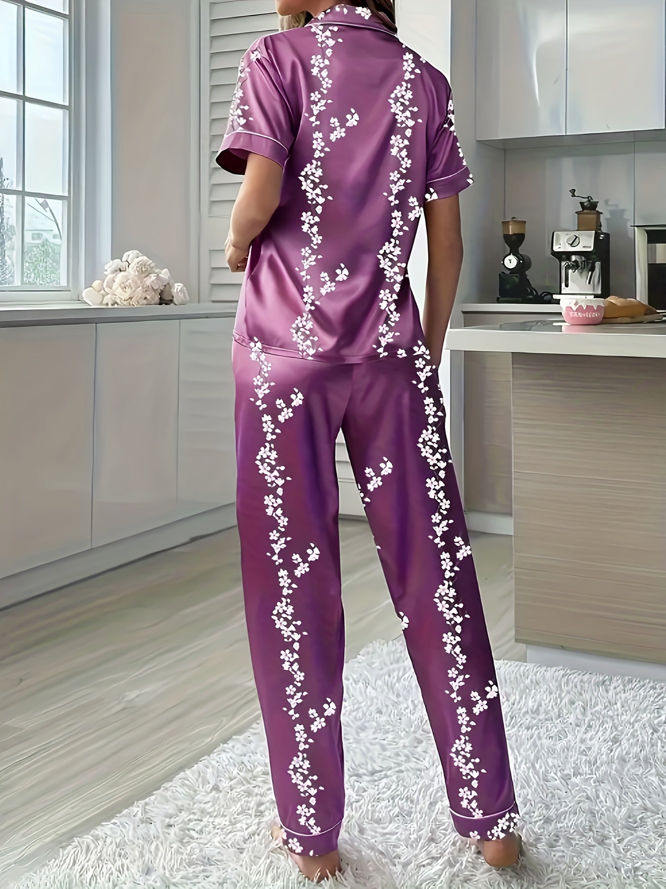 Women'S Pajama Set With Button Up Short Sleeved Shirt And Pants, Soft Casual Pajama Set