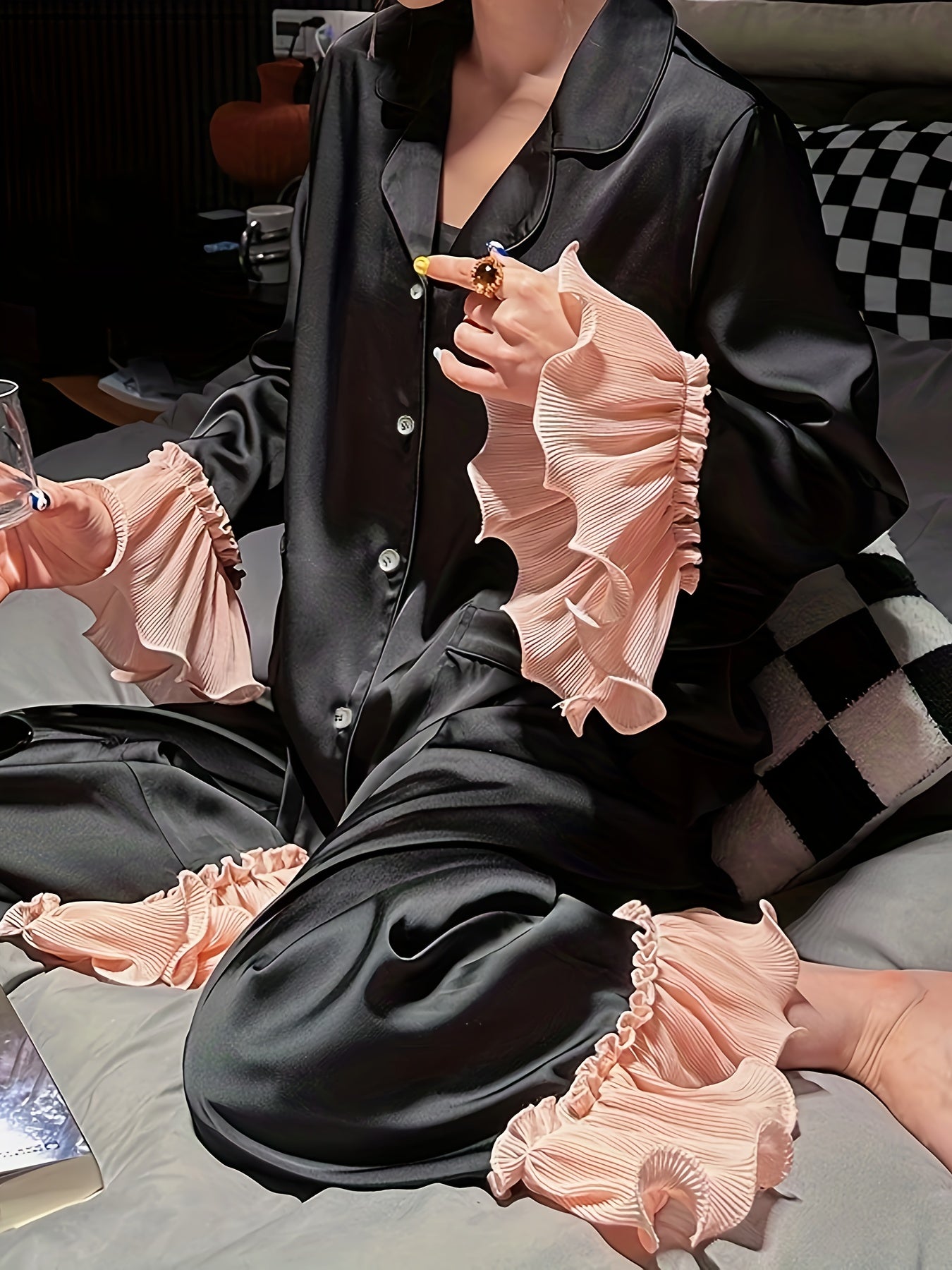 Women'S Gongsatin Pajamas With Mushroom Edge Loose Set Sweet Atmosphere Wearing Home Clothes Casual Comfortable Long Sleeve Pants Set