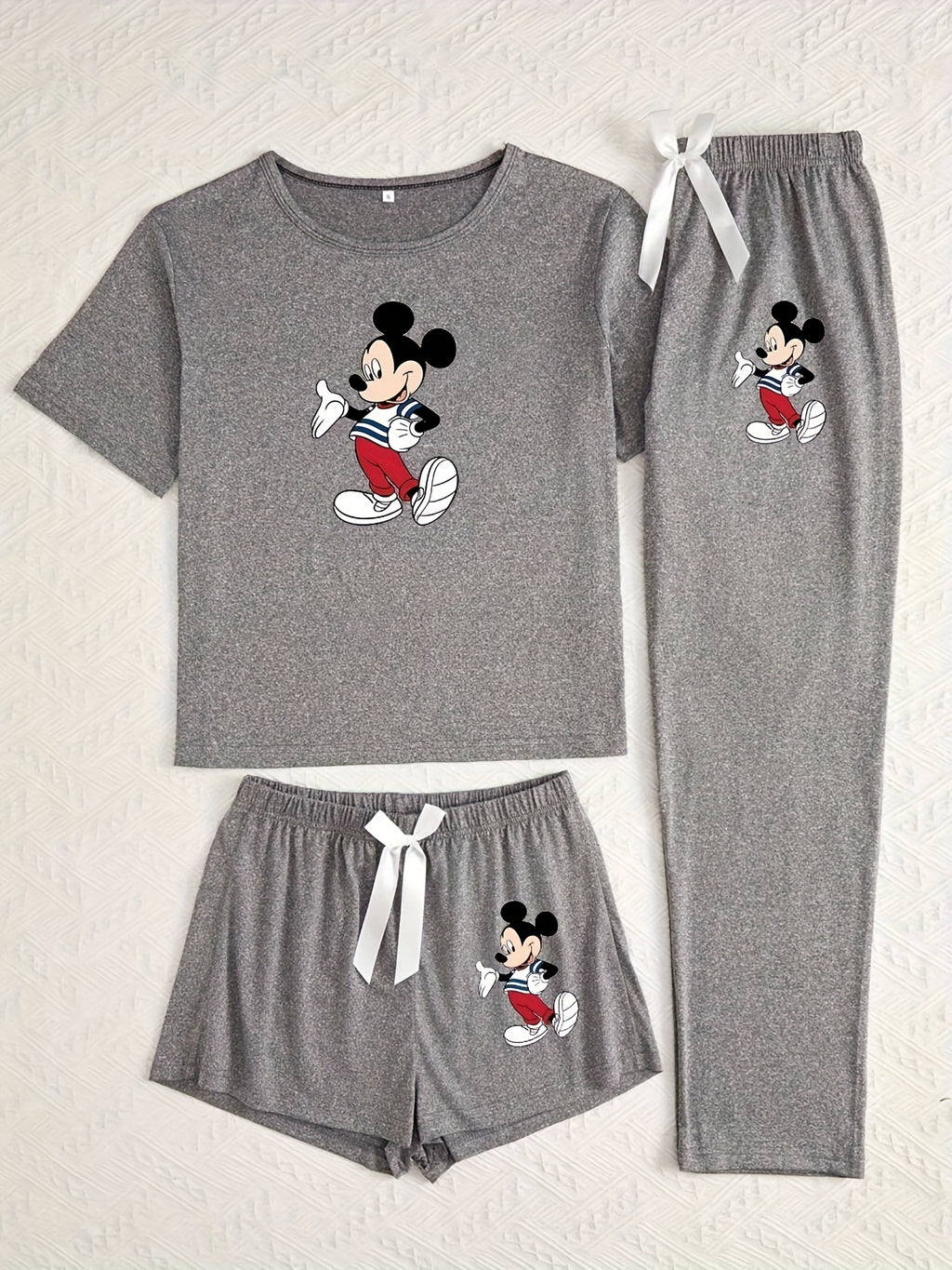 Disney Mickey And Minnie Pajama Set Cute Pop Printed Round Neck Short Sleeve Top And Pants 3pcs Set