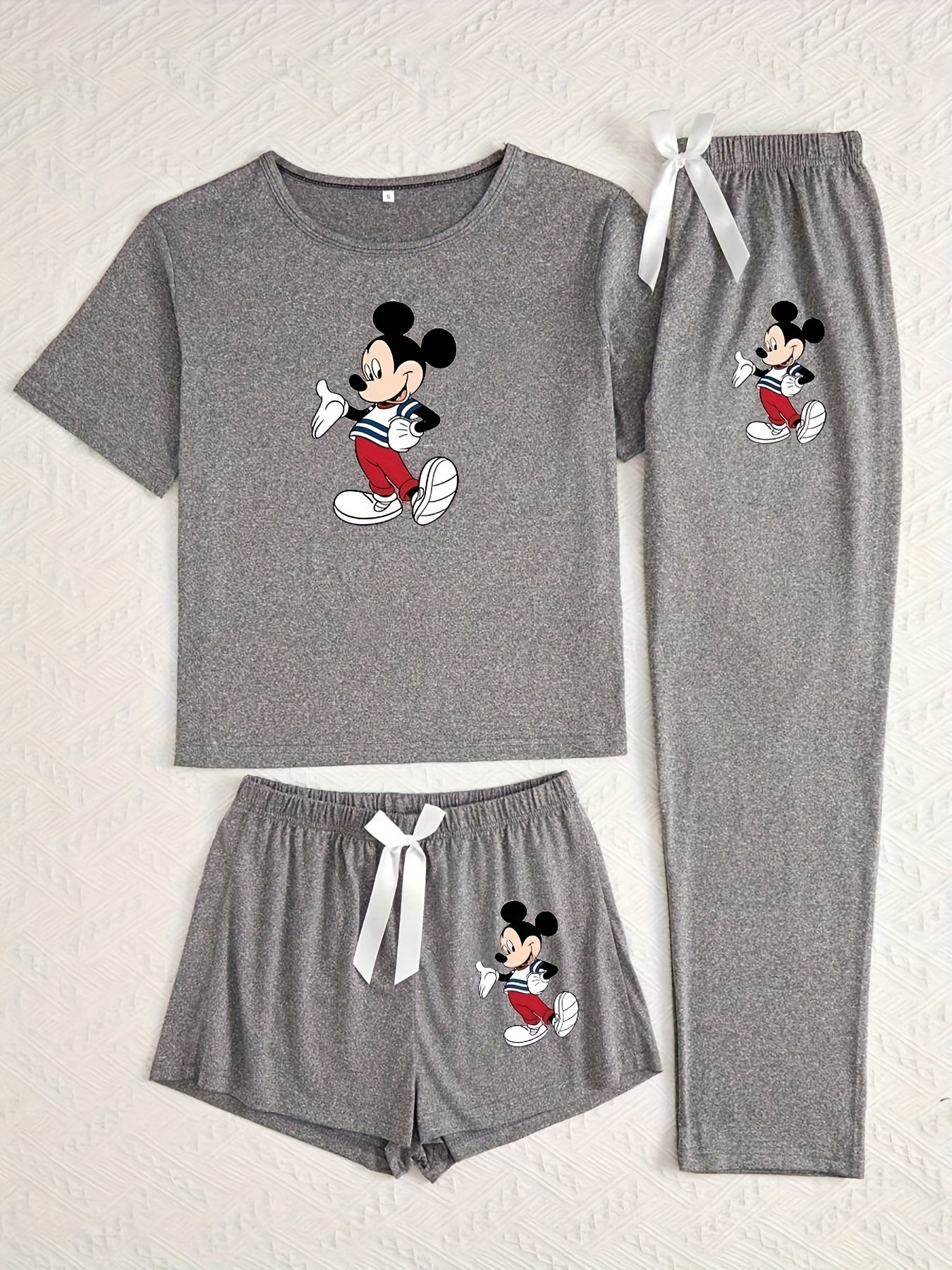 Disney Mickey And Minnie Pajama Set Cute Pop Printed Round Neck Short Sleeve Top And Pants 3pcs Set