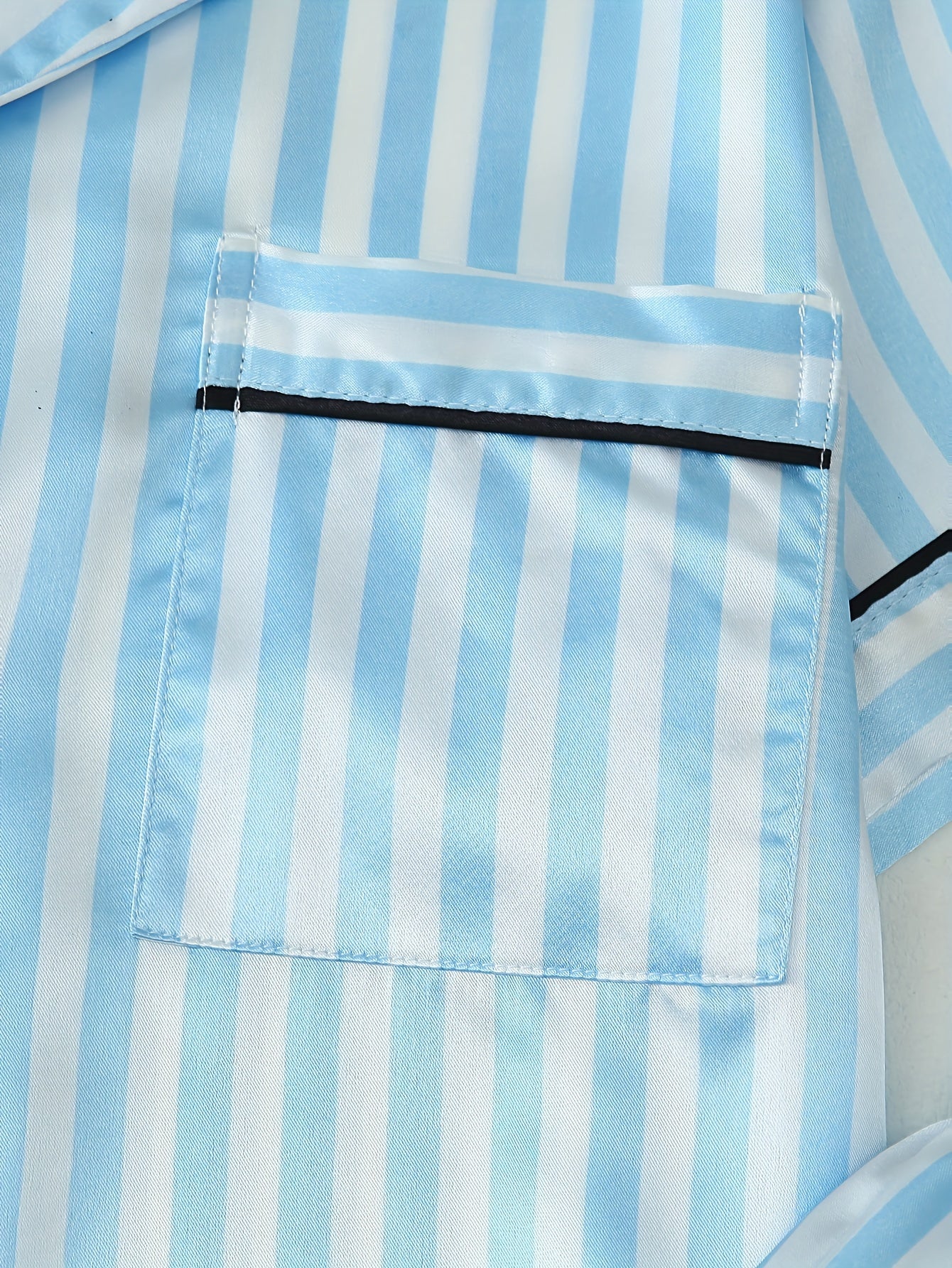 [2-Piece Satin Pajama Set] Satin Two-Piece Women's Pajama Set | Autumn Short Sleeve Hemmed Collar Top and Bow Trousers Striped