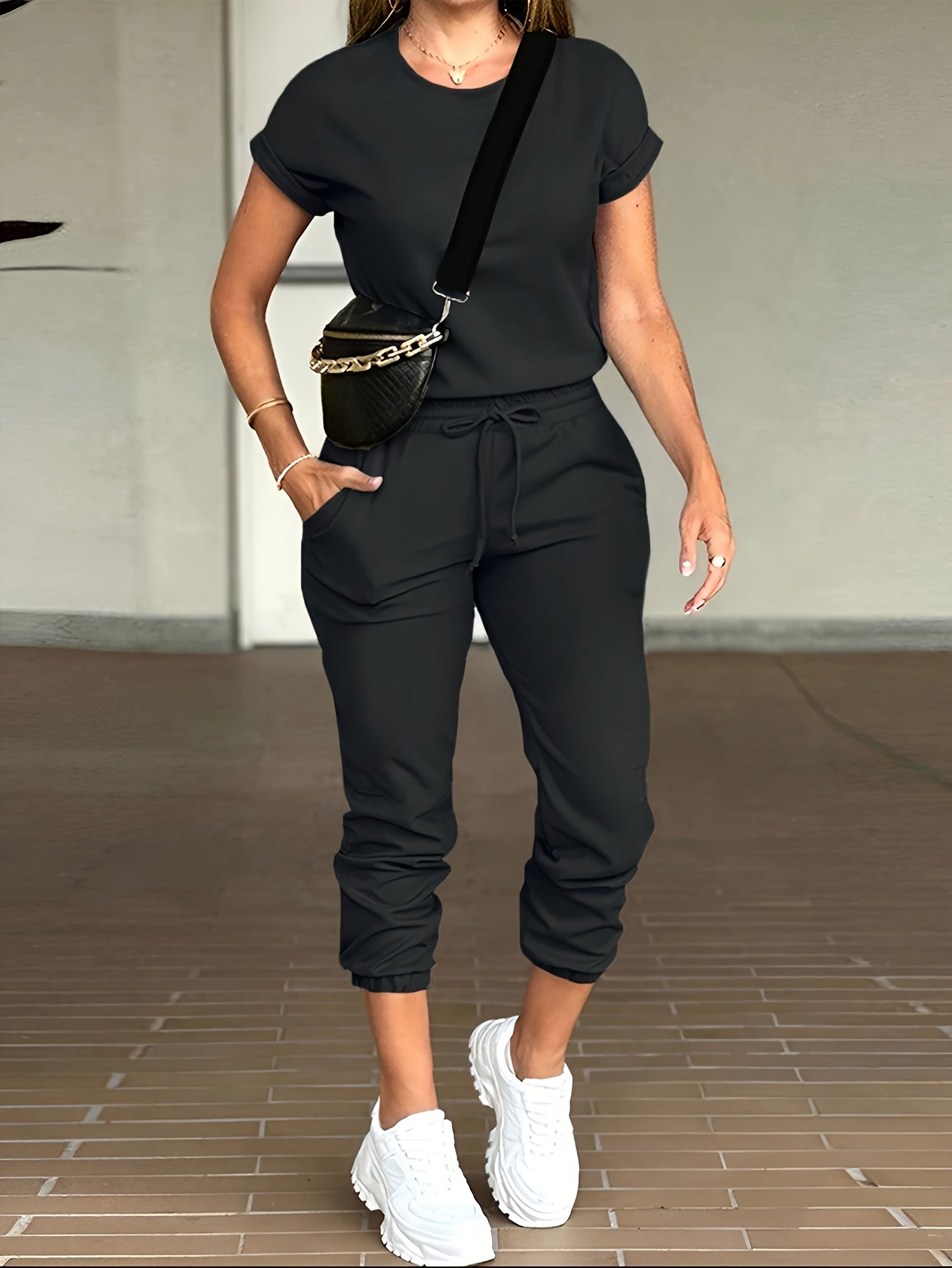 [Solid Color Suit] 2pcs Women Solid Color Casual Suit - Round Neck Short Sleeve Top And Drawstring Pocket Long Pants