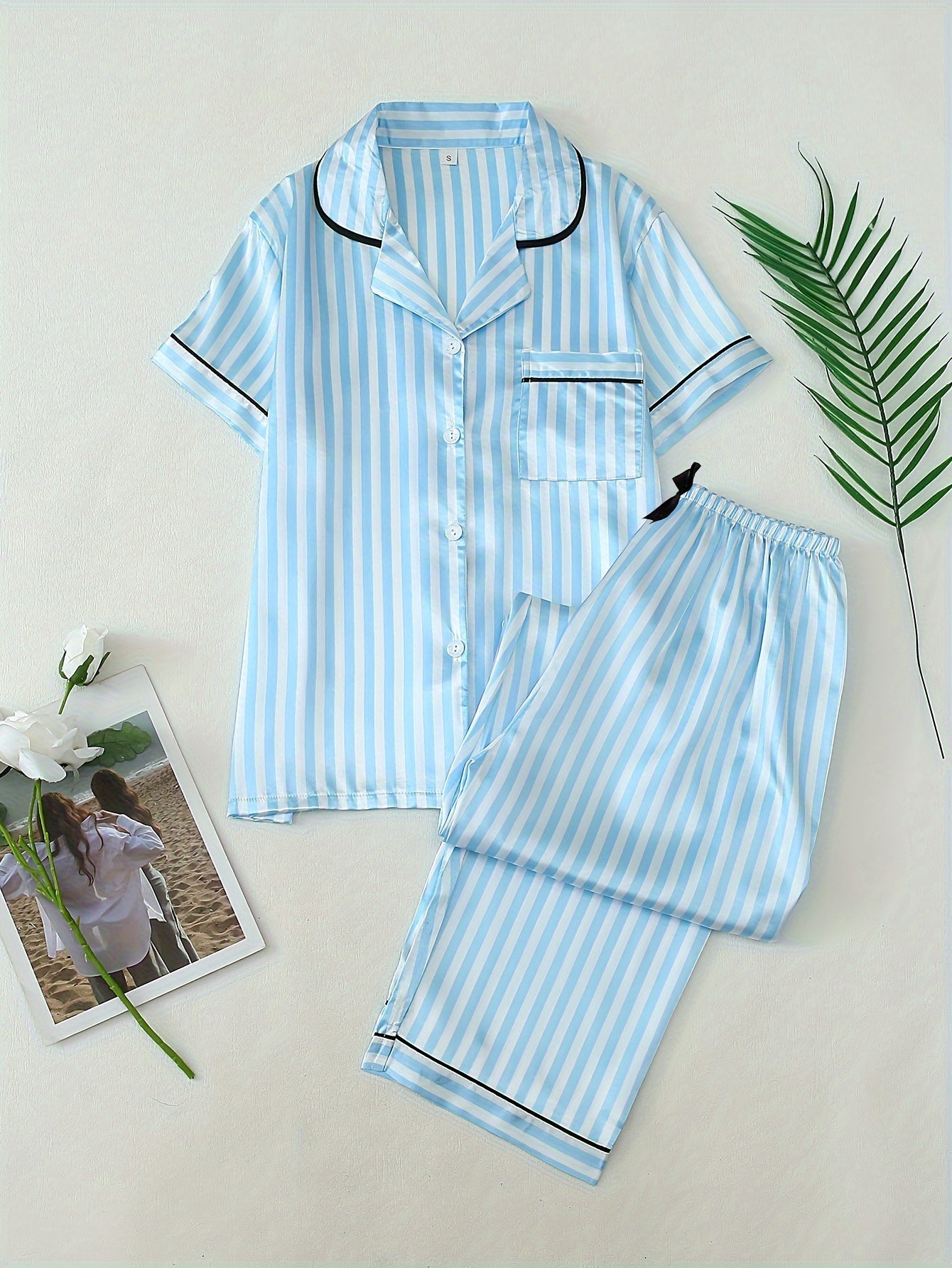 [2-Piece Satin Pajama Set] Satin Two-Piece Women's Pajama Set | Autumn Short Sleeve Hemmed Collar Top and Bow Trousers Striped