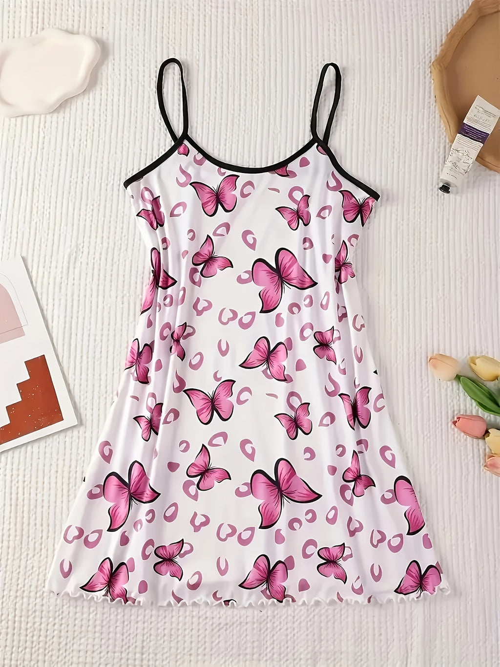 [Sexy Suspender Pajama Set] 4pcs Women's Sexy Cartoon Print Suspender Pajama Set - Comfortable Polyester Spandex Blend, Machine Washable