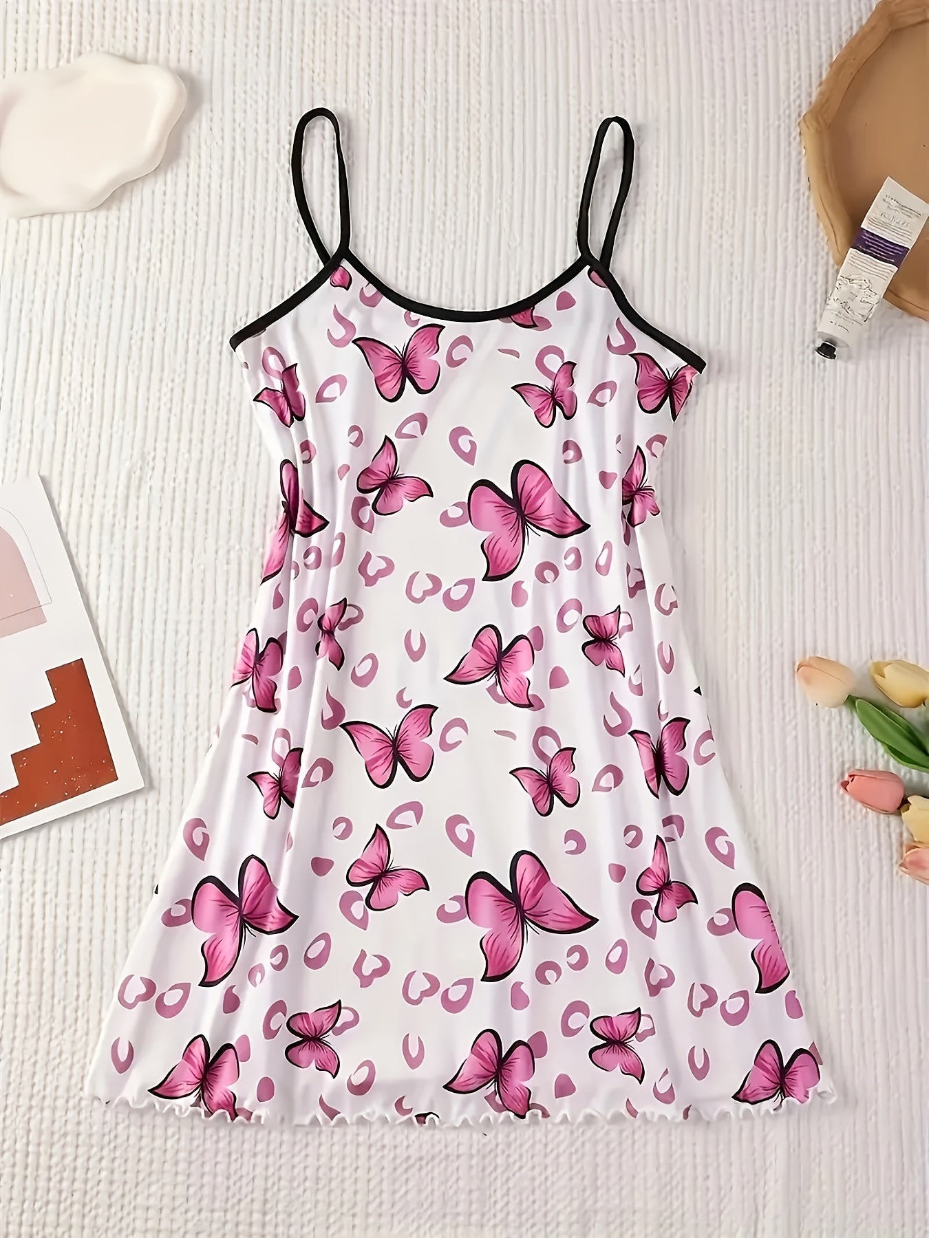 [Sexy Suspender Pajama Set] 4pcs Women's Sexy Cartoon Print Suspender Pajama Set - Comfortable Polyester Spandex Blend, Machine Washable