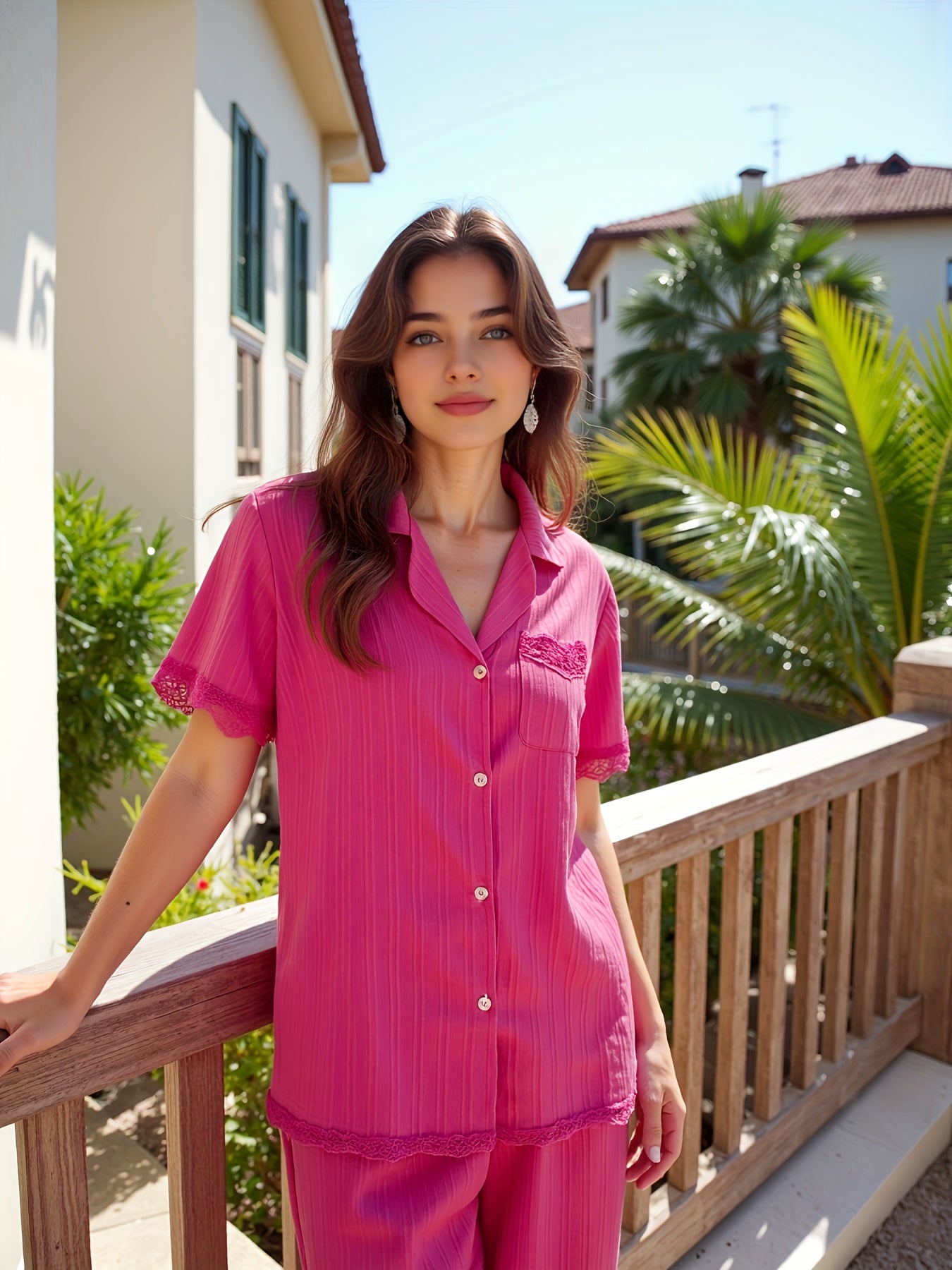 Women'S Home Clothes Fashion Wave Bar Splicing Lace Short Sleeve Pajamas Home Clothes Can Be Wearing Outerwear Pajama Set Casual And Comfortable Two Piece Set