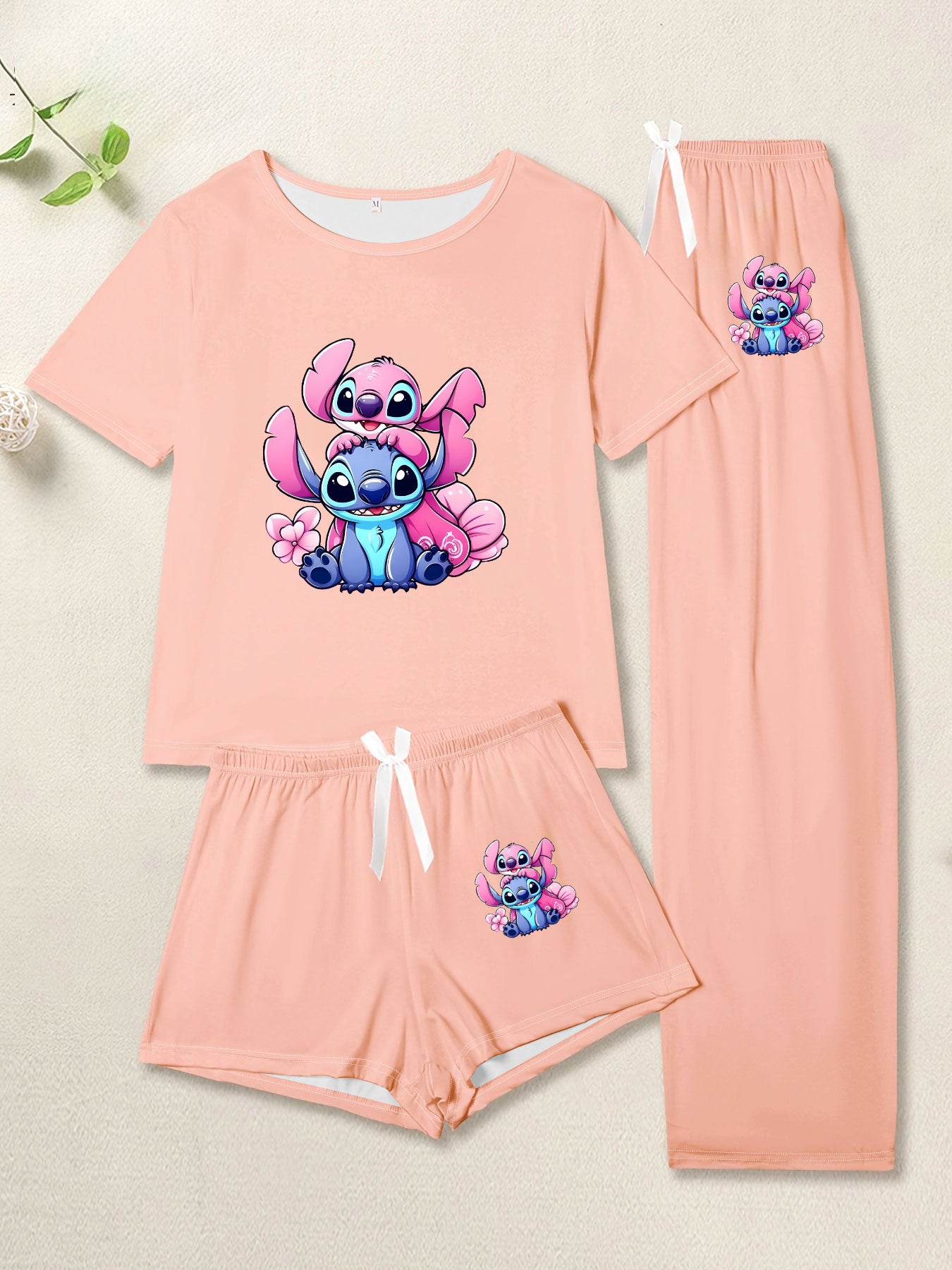 3pcs Stitch Cartoon Print Pajama Set - Black T-Shirt, Shorts & Pants with Pink & Blue Design, Soft & Comfortable, Perfect for All Seasons, Ideal Gift for Fans, Allseason Pajamas|Playful Design|Soft Fabric, Stitch Pajamas