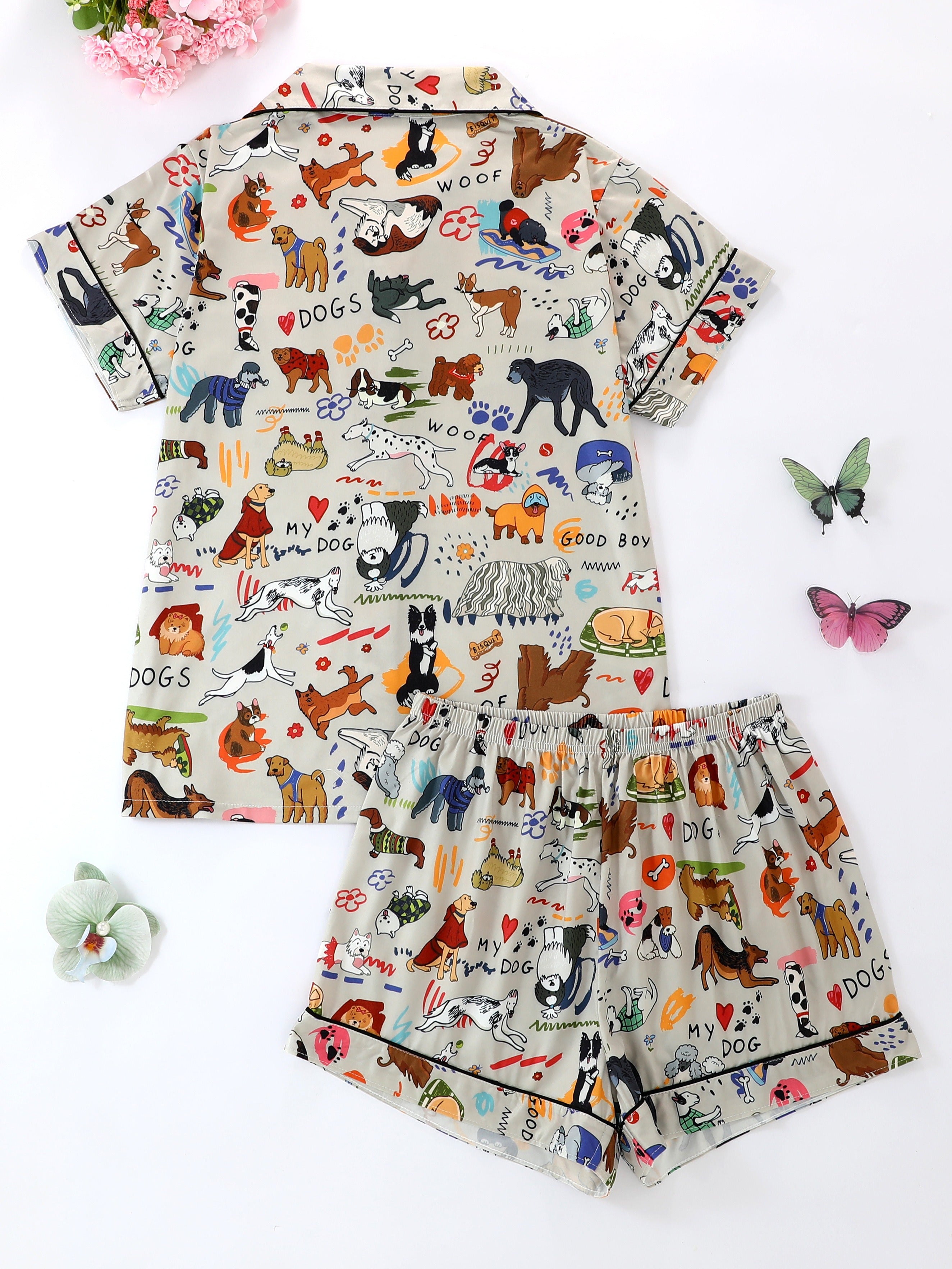 Women'S Pajama Set with Animal Print - Short Sleeve Button-Up Shirt & Loose Elastic Shorts, Cool Summer Wear, Casual All-Season Sleepwear and Loungewear, Polyester Fabric, Cute Pajamas