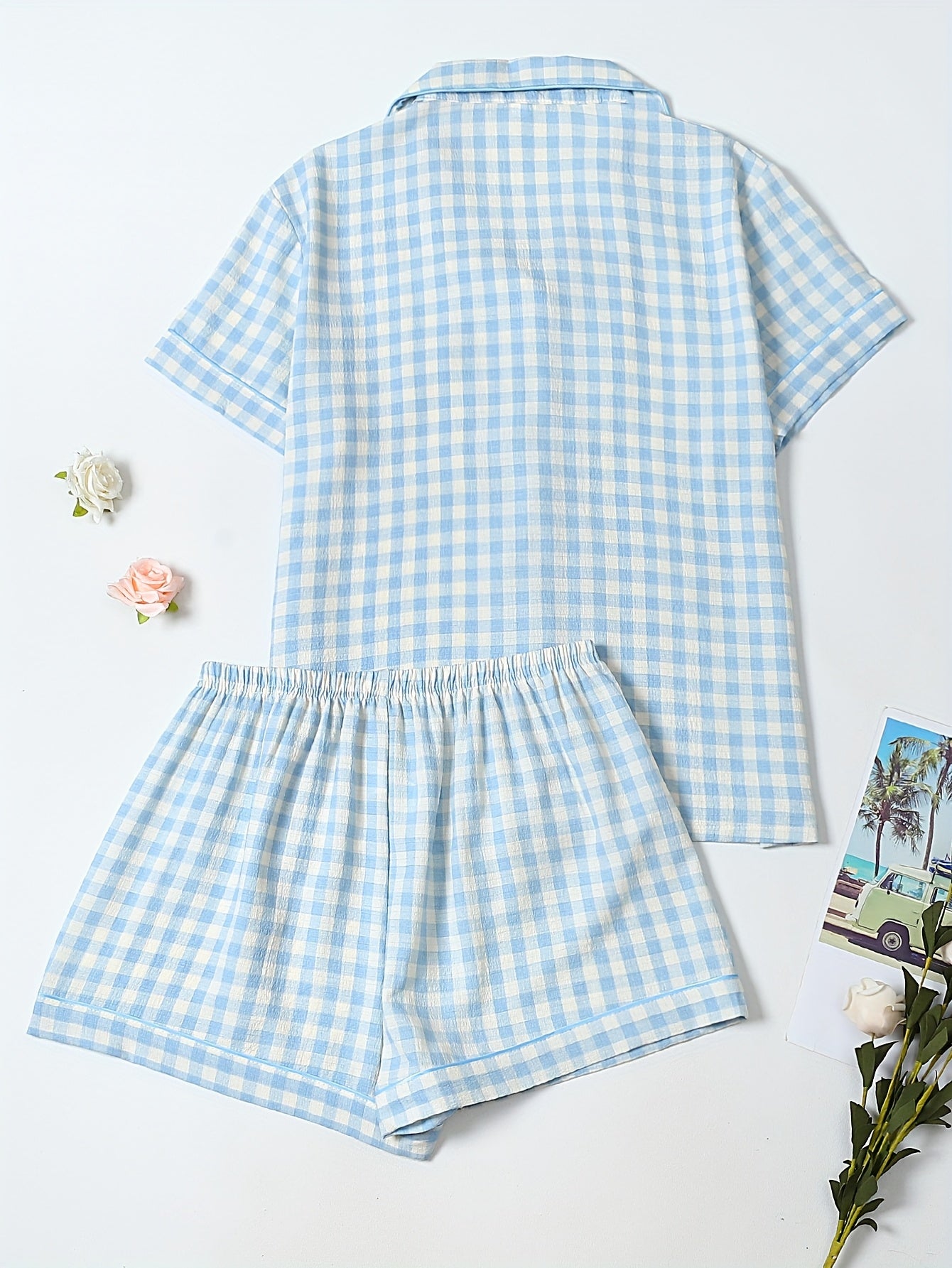 Women'S Casual Gingham Pajama Set - Short Sleeve Blouse with Button-Up & Shorts with Bow Detail, Soft & Breathable Fabric for Spring & Summer, Relaxed Fit, Casual Wear|Gingham Pattern|Short Sleeve Top, Gingham Pajamas