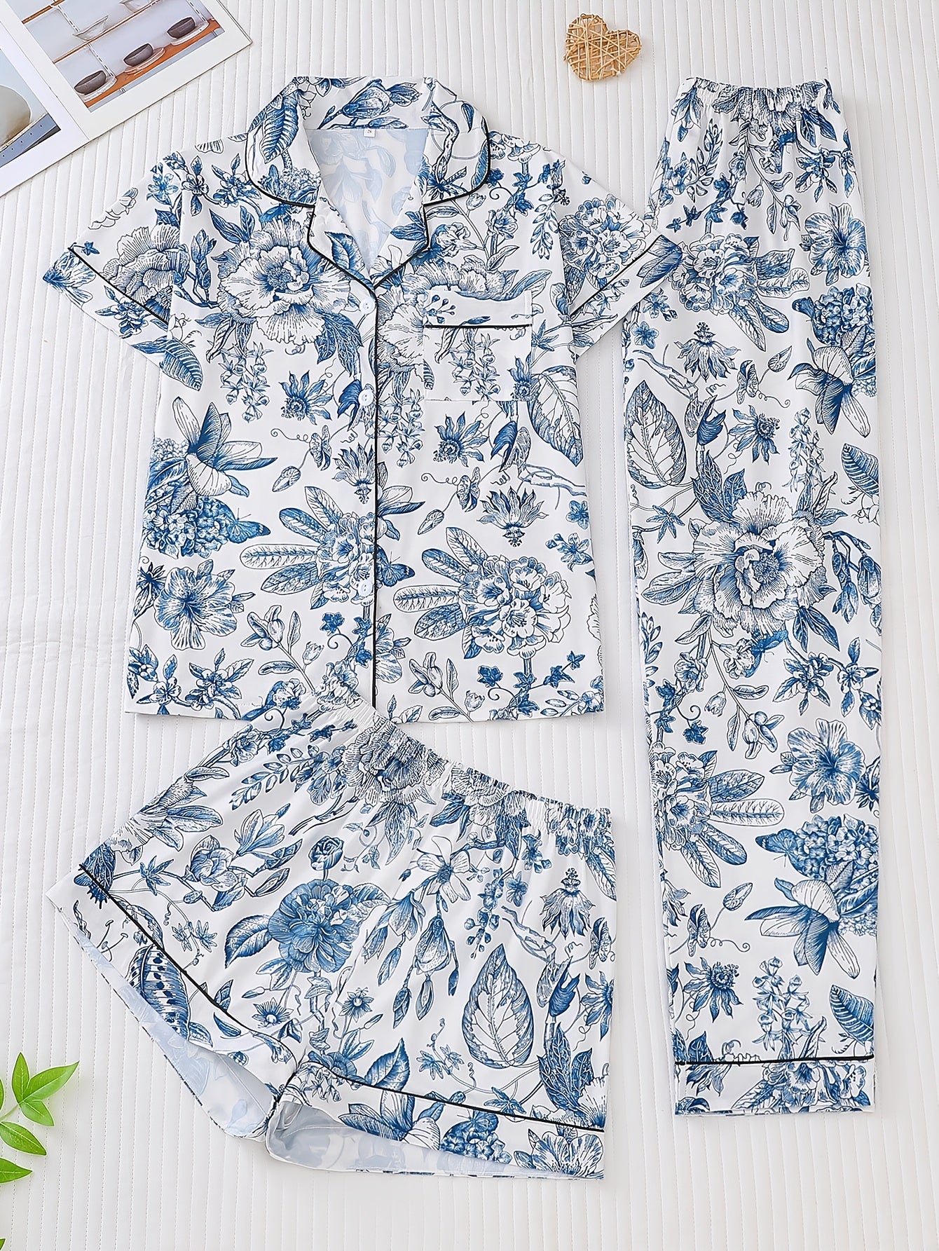 Three Piece Women's Pajama Set, Knitted Fabric, Comfortable to Wear, Short Sleeved Button Up Top And Matching Shorts with Pants, Collar And Pocket Details, Full Body Print, Elegant Pajama Set, Suitable for Women's Pajama Set