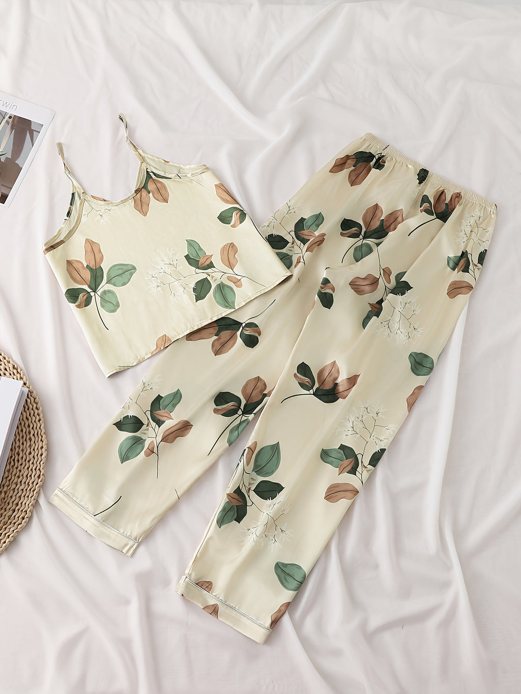 2pcs Set Of Satin Apricot Suspender Top, Tulip Patterned Pants, Sleepwear, Women's Suspender Top And Long Pants Sleepwear, Home Wear, 2pcs Set, Bedtime Pajamas, Cozy Nightwear, Elegant Sleepwear, Feminine Pajamas, Smooth Texture, Breathable Material,