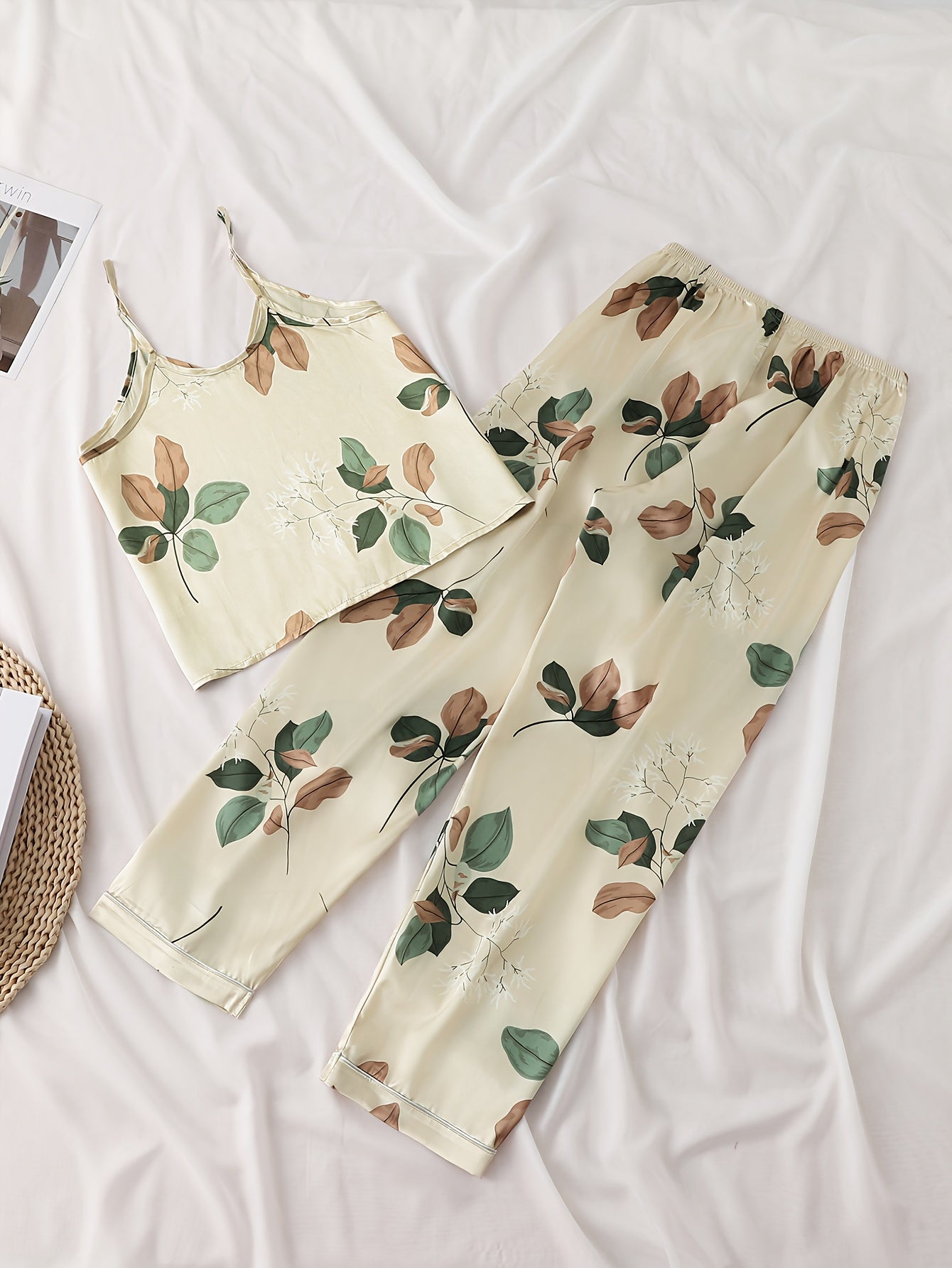 2pcs Set Of Satin Apricot Suspender Top, Tulip Patterned Pants, Sleepwear, Women's Suspender Top And Long Pants Sleepwear, Home Wear, 2pcs Set, Bedtime Pajamas, Cozy Nightwear, Elegant Sleepwear, Feminine Pajamas, Smooth Texture, Breathable Material,